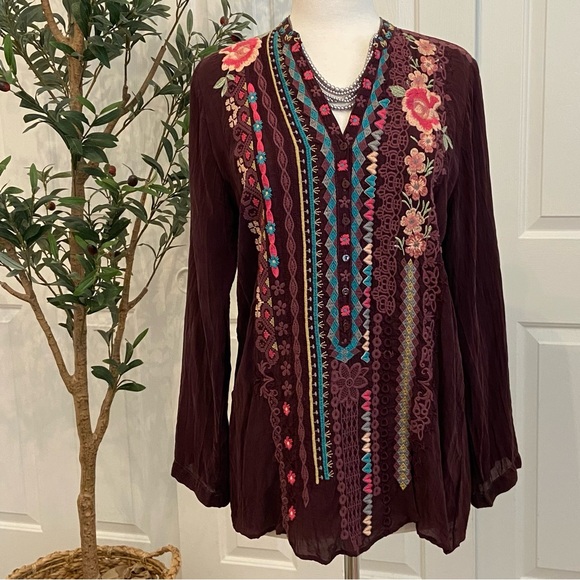 Johnny Was Floral Embroidered Blouse in Rich Burgundy - Picture 3 of 12